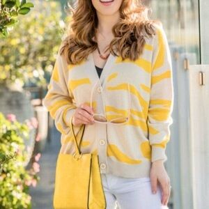 CABI Striped Slowchy Yellow and Cream Cardigan Sweater